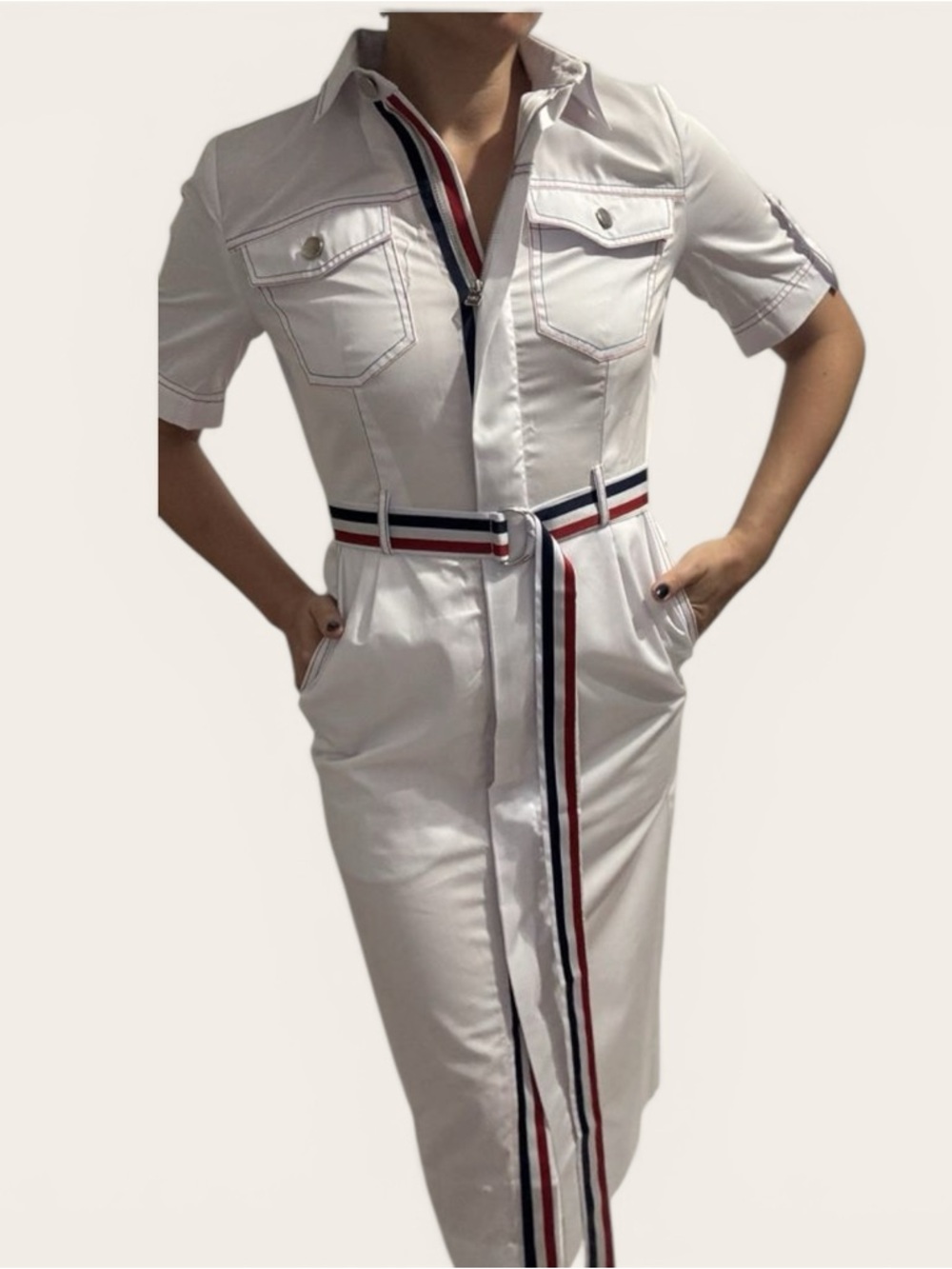 Andre Tan White Belted Midi Shirt Dress Utility NWOT Size Medium